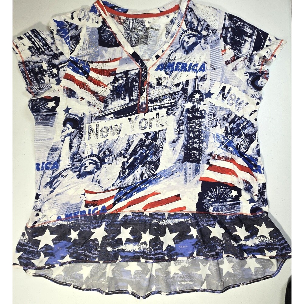 Onique Womens Americana 2X Embellished Rhinestones Short Sleeve Ruffle Hem Shirt